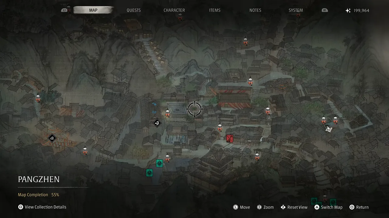 Hand-painted ink-wash map of Pang Town in Phantom Blade Zero